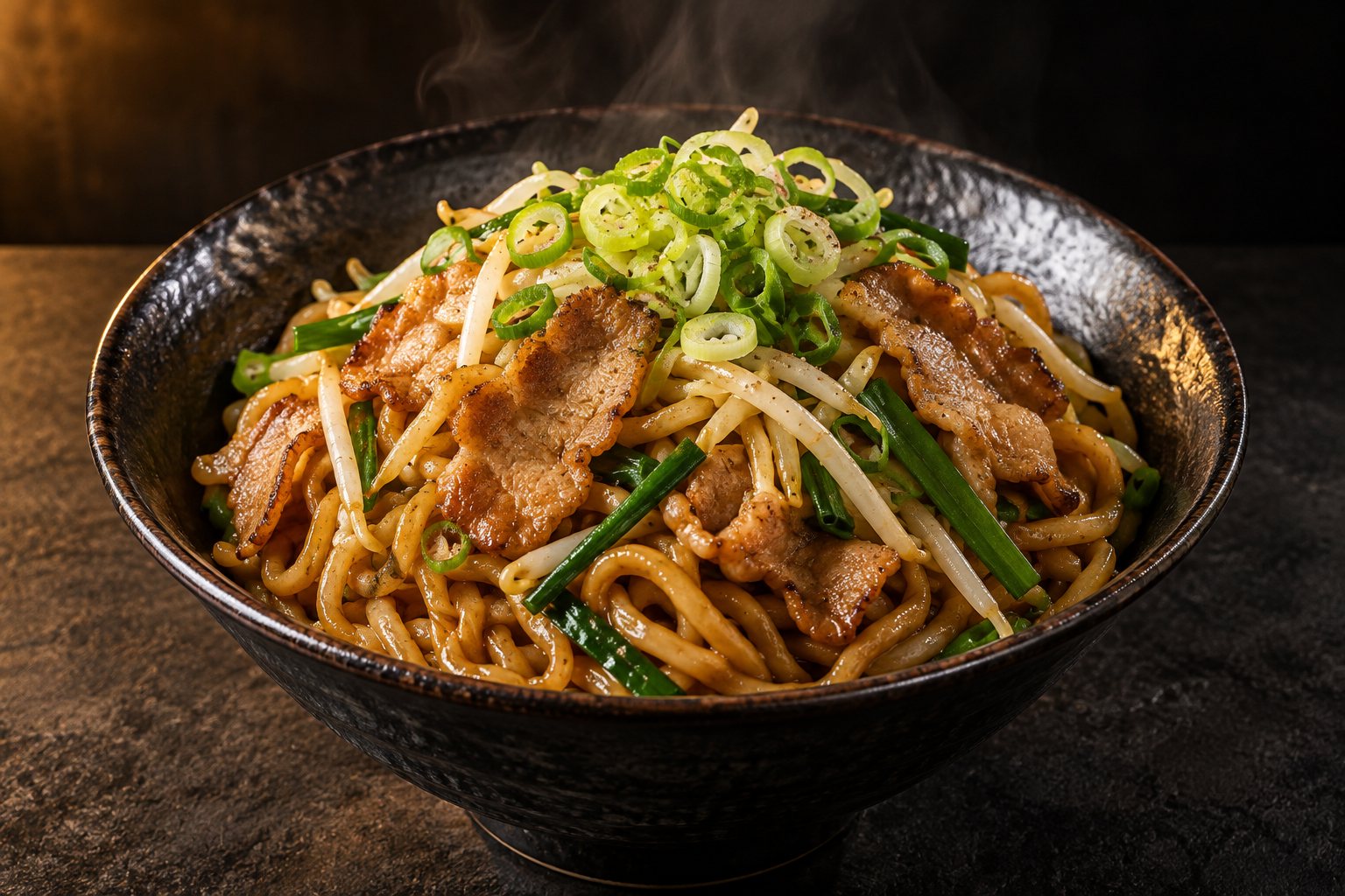 豚肉と野菜を合わせた油そば(AI生成イメージ)