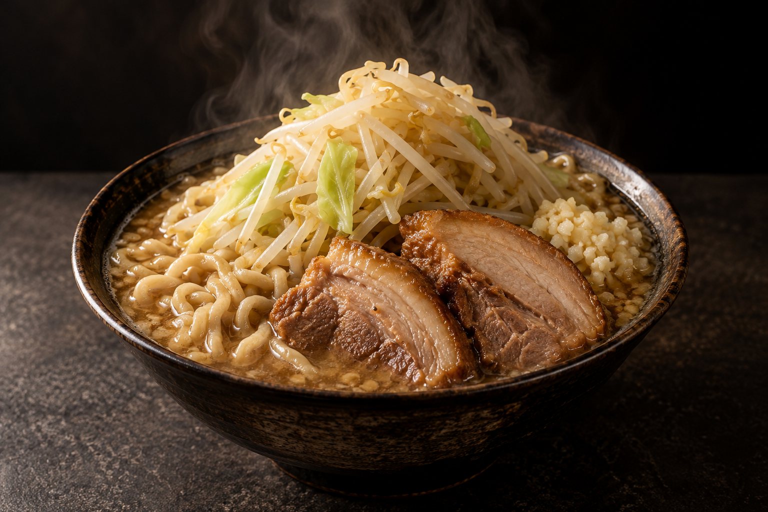 野菜とチャーシューを盛った三郎(AI生成イメージ)