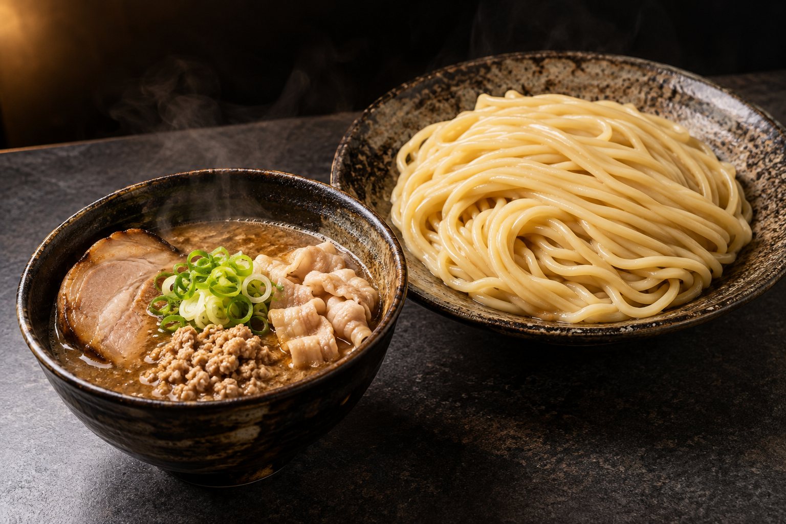 太麺と肉入りのつけ汁(AI生成イメージ)